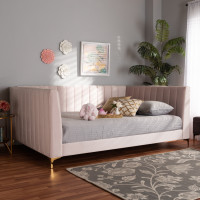 Baxton Studio CF0344-Light Pink Daybed-Full Oksana Modern Contemporary Glam and Luxe Light Pink Velvet Fabric Upholstered and Gold Finished Full Size Daybed